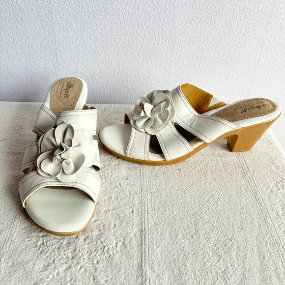 Softsteps Shoes - Strappy Leather Slide Sandals Heels with Flower